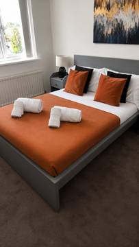 Bedroom with copper throw
